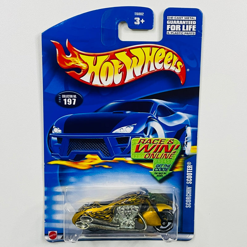 2002 Hot Wheels 35 Aniversario Scorchin' Scooter 197 dorado metálico MC3 base ZAMAC