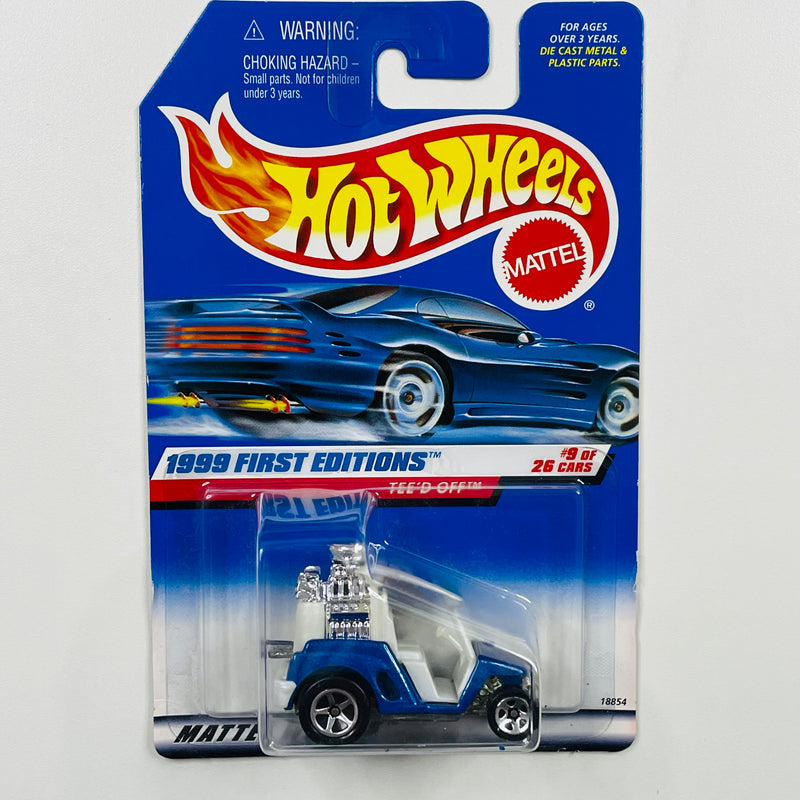 1999 Hot Wheels First Editions Tee'd Off azul con interior blanco 5SP base ZAMAC