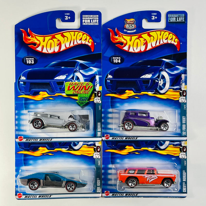 2002 Hot Wheels Red Lines Colección Set de 4 - The Demon, Classic 32 Ford Vicky, Side Kick, Chevy Nomad