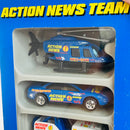 1997 Hot Wheels Action News Team 5 Pack Set de 5 - Propper Chopper, Oldsmobile Aurora, Jeep CJ-7 Roll Patrol, Delivery Van Combat Medic, Kenworth T600A Big Rig