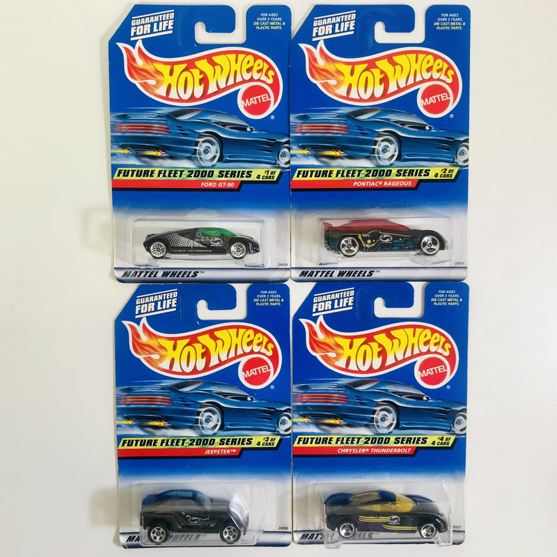 2000 Hot Wheels Future Fleet 2000 Series Colección Set de 4 - Ford GT-90, Pontiac Rageous, Jeep Jeepster, Chrysler Thunderbolt