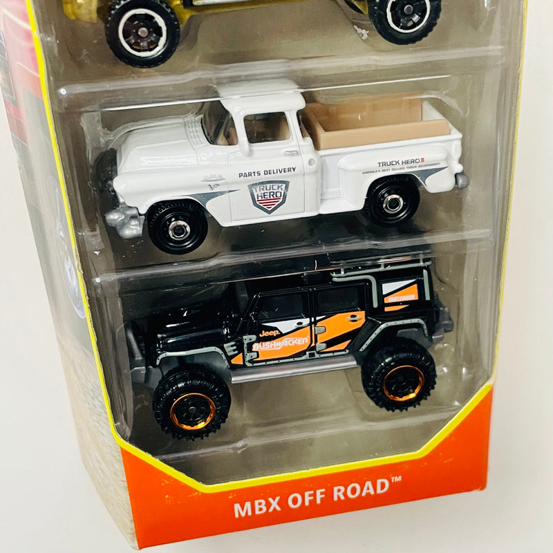 2022 Matchbox MBX Off Road 5 Pack Set de 5 - 2014 Chevy Silverado 1500, Road Mauler, 16 Dodge Ram Utility Flatbed, 57 GMC Stepside Pickup, Jeep Wrangler Superlift