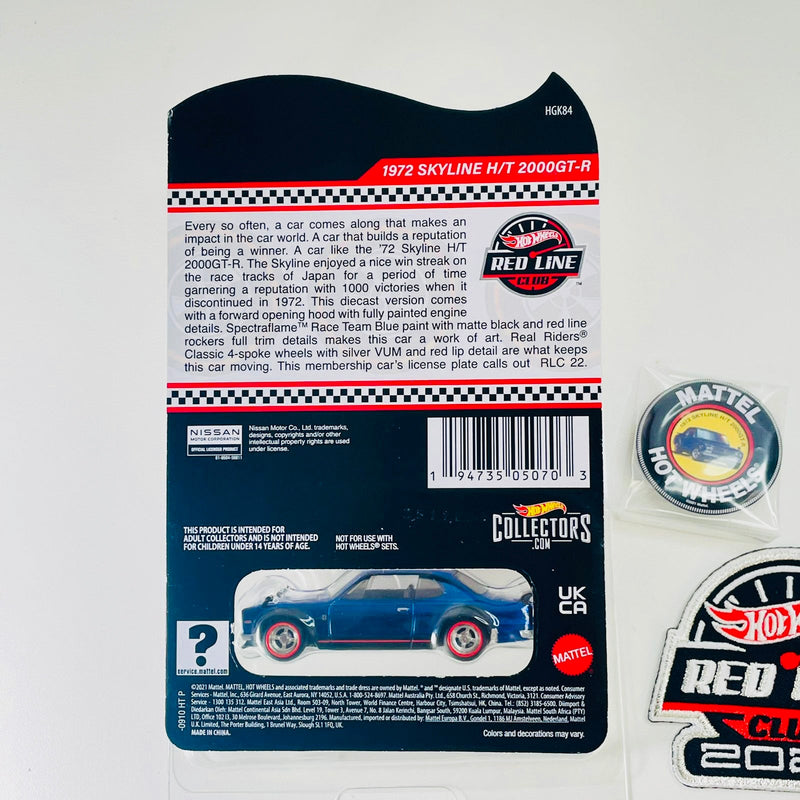 2022 Hot Wheels RLC 72 Nissan Skyline H/T 2000 GT-R Exclusivo Red Line Club azul spectraflame Llantas de Goma RR