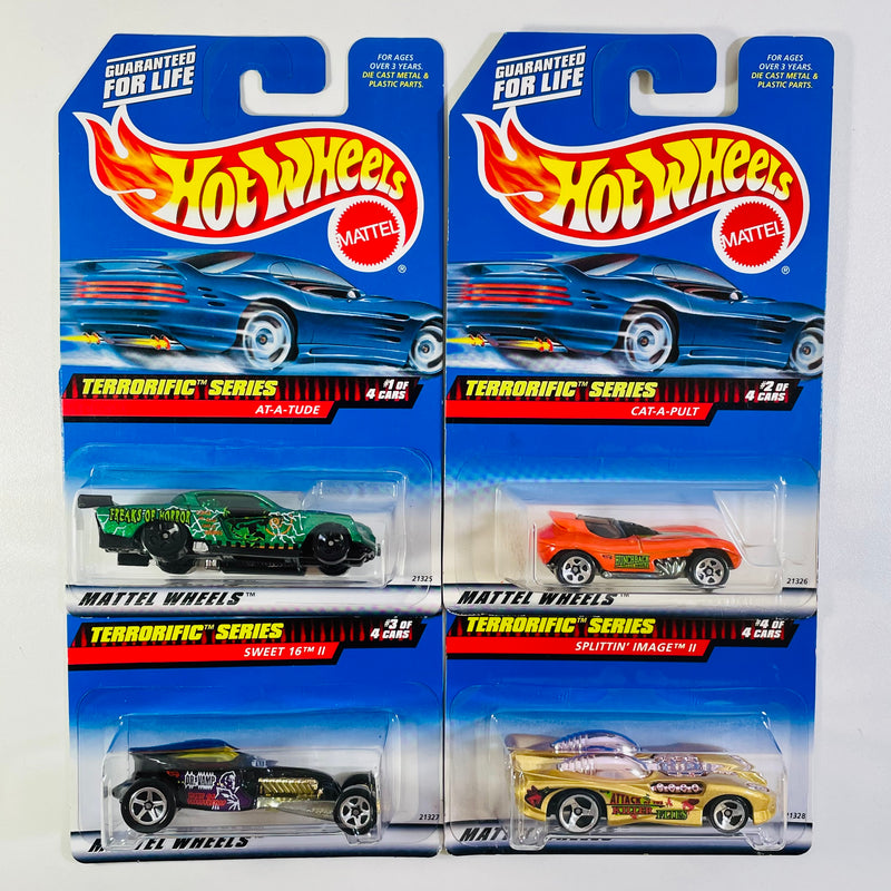 1999 Hot Wheels Terrorific Series Colección Set de 4 - At-A-Tude, Cat-A-Pult, Sweet 16 II, Splittin Image II