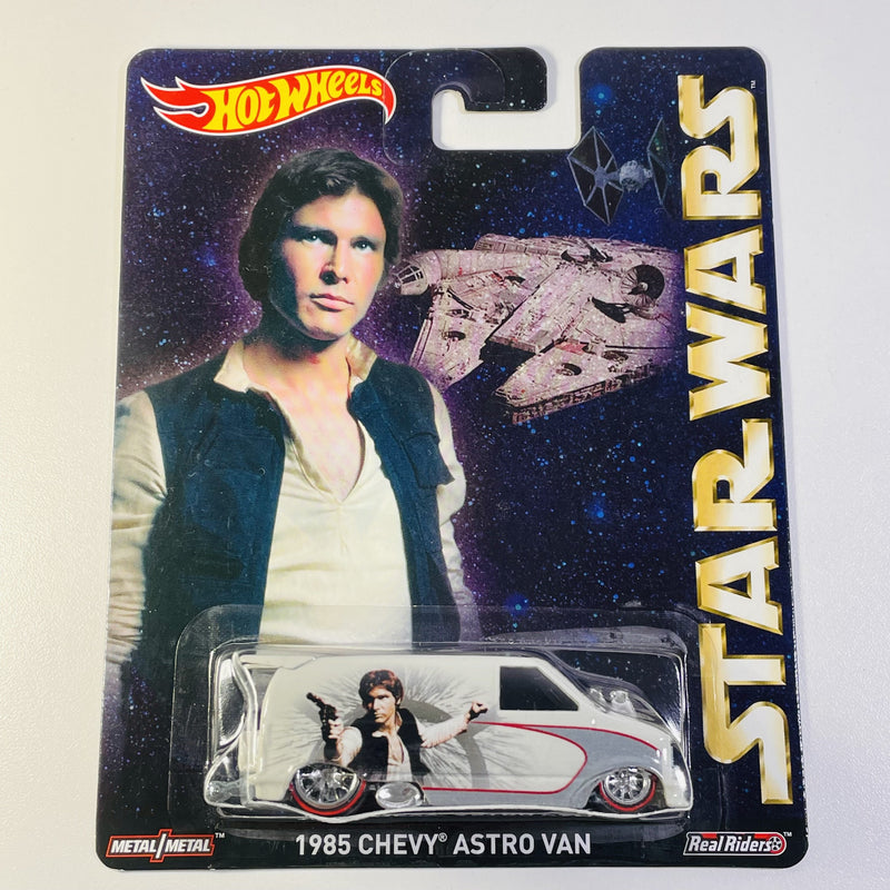 2015 Hot Wheels Pop Culture Star Wars Han Solo 1985 Chevy Astro Van blanco Llantas de Goma RR redline base ZAMAC