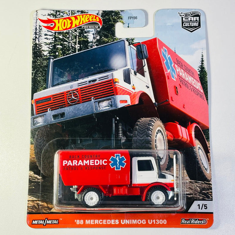 2020 Hot Wheels Car Culture 88 Mercedes Unimog U1300 blanco Llantas de Goma RR base ZAMAC