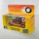 1989 Matchbox Major League Baseball Team Collectible Limited Edition Baltimore Orioles Model A Ford Van negro con naranja