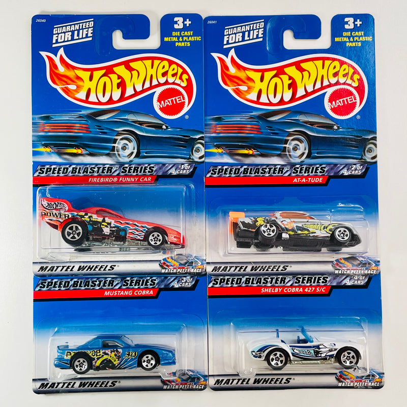 2000 Hot Wheels Speed Blaster Series Colección Set de 4 - Firebird Funny Car, At-A-Tude, Mustang Cobra, Shelby Cobra 427 S/C
