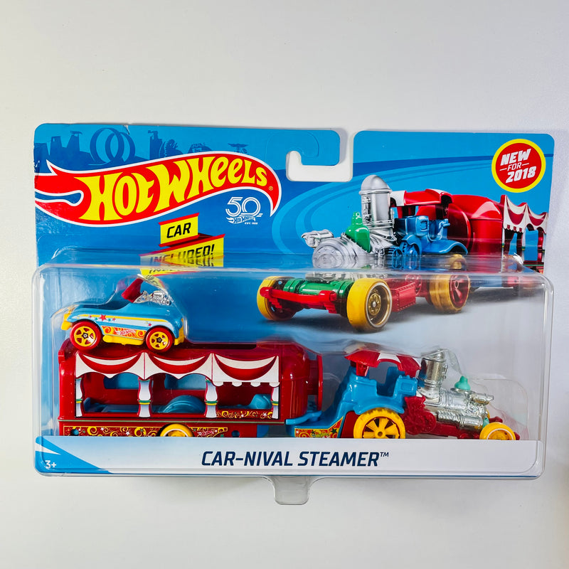 2018 Hot Wheels Super Rigs Car-Nival Steamer con Pedal Driver rojo, celeste y amarillo 6SP
