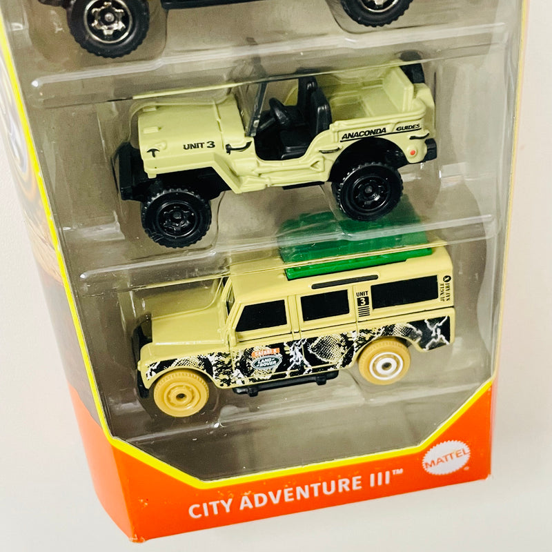 2022 Matchbox City Adventure III 5 Pack Set de 5 - Malibu Marauder, 1959 Chevy Wagon, 2010 Ford F-150 SVT Raptor, Willys Jeep, 1965 Land Rover Gen II