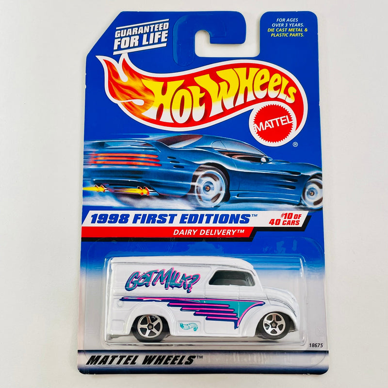 1998 Hot Wheels First Editions Dairy Delivery blanco 5SP base Malasia variante Tarjeta Auto Azul Primera Edición