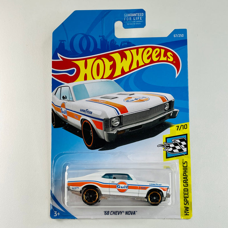 2019 Hot Wheels HW Speed Graphics GULF 68 Chevy Nova blanco MC5