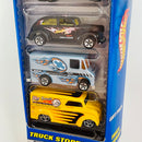 2001 Hot Wheels Truck Stoppers 5 Pack Set de 5 - Chevy 56 Flashsider, Chevy 68 El Camino, Ford Fat Fendered 40, Delivery Truck Combat Medic, Dairy Delivery
