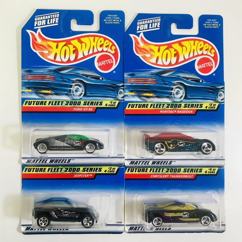 2000 Hot Wheels Future Fleet 2000 Series Colección Set de 4 - Ford GT-90, Pontiac Rageous, Jeep Jeepster, Chrysler Thunderbolt