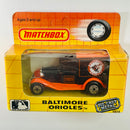 1989 Matchbox Major League Baseball Team Collectible Limited Edition Baltimore Orioles Model A Ford Van negro con naranja
