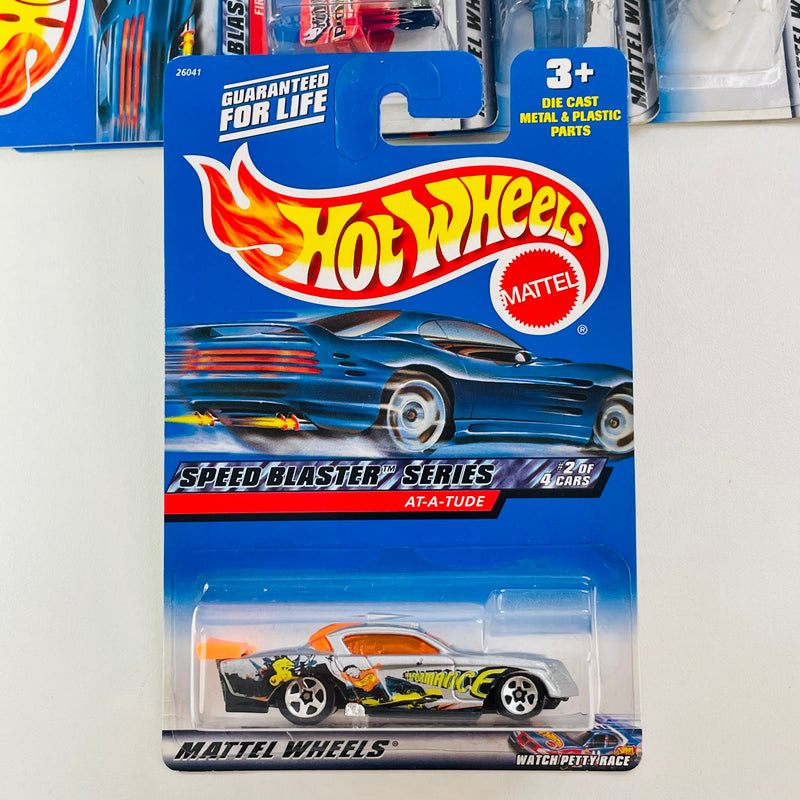2000 Hot Wheels Speed Blaster Series Colección Set de 4 - Firebird Funny Car, At-A-Tude, Mustang Cobra, Shelby Cobra 427 S/C
