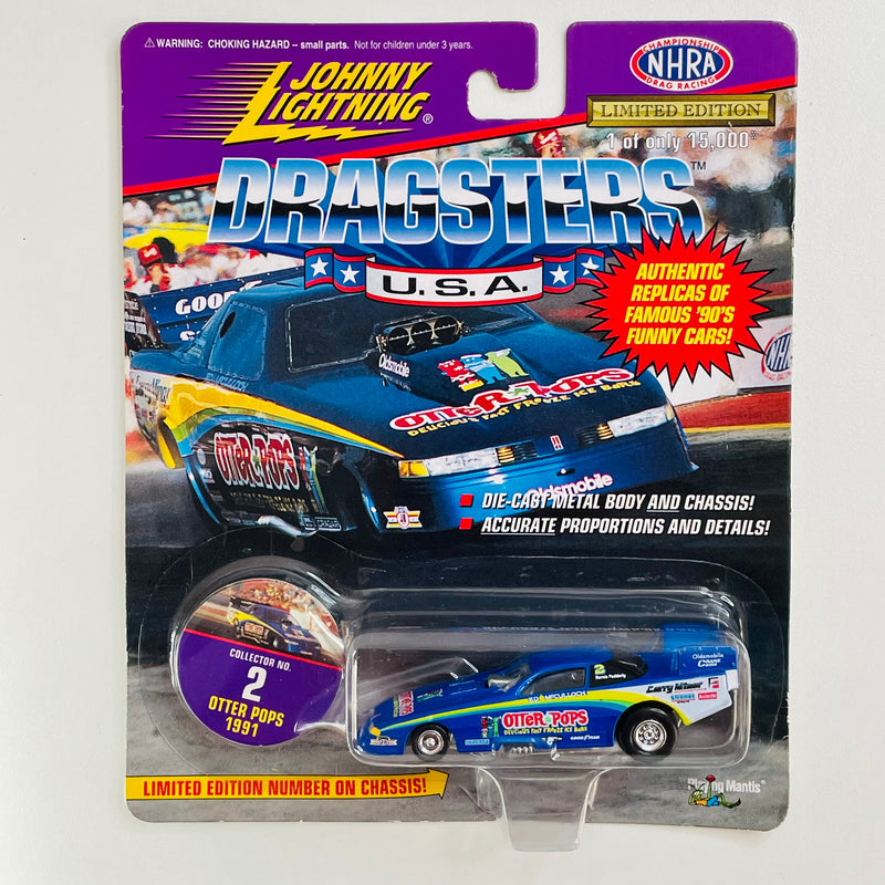 1997 Johnny Lightning Dragsters USA NHRA Limited Edition 1/15,000 Ed McCulloch Otter Pops 91 Oldsmobile Funny Car azul con blanco