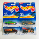 1997 Hot Wheels Heat Fleet Series Colección Set de 4 - Police Cruiser, School Bus, Peterbilt Tank Truck, Ramblin' Wrecker