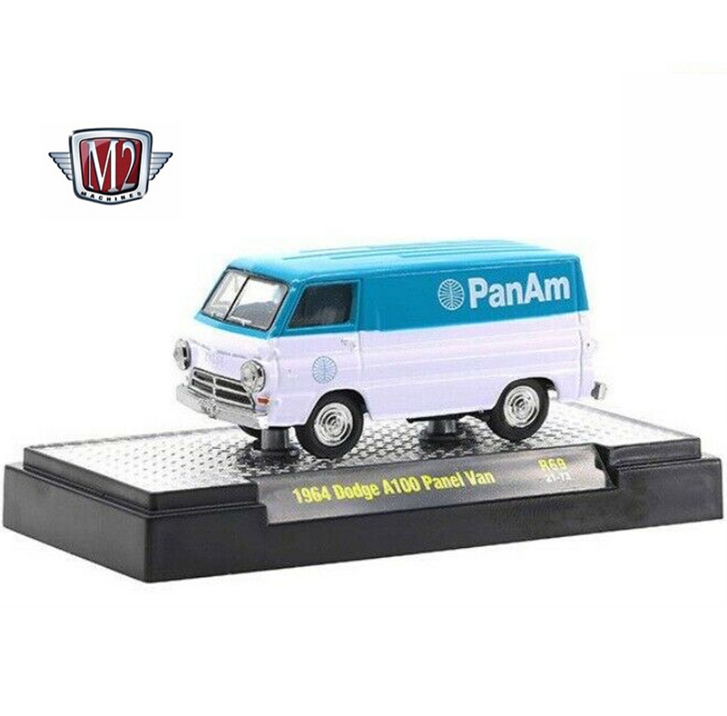 2021 M2 Machines Auto-Thentics Pan Am 1964 Dodge A100 Panel Van R69 blanco con celeste Llantas de Goma