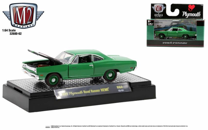 2022 M2 Machines Detroit Muscle Limited Edition 1/8,400 1969 Plymouth Road Runner HEMI R62 verde Llantas de Goma