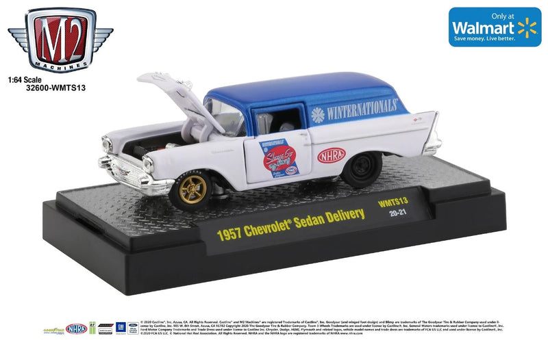 2020 M2 Machines Limited Edition 1/7,000 Walmart Exclusive NHRA 1957 Chevrolet Sedan Delivery WMTS13 blanco con azul Llantas de Goma