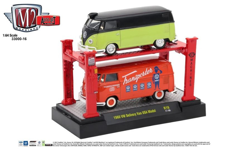 2017 M2 Machines Auto-Lift 2 Pack Set de 2 1960 VW Volkswagen Delivery Van USA Model R16 verde y rojo Llantas de Goma