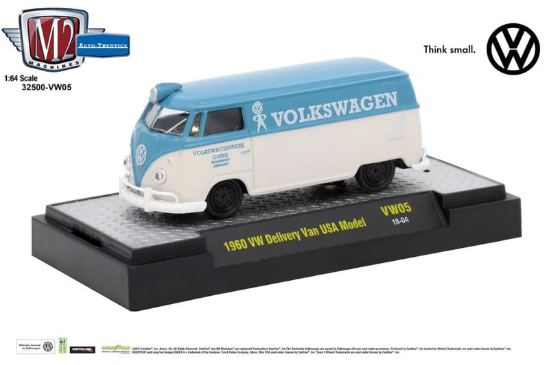 2018 M2 Machines Auto-Thentics Limited Edition 1/6,888 1960 VW Volkswagen Delivery Van USA Model VW05 blanco con celeste Llantas de Goma