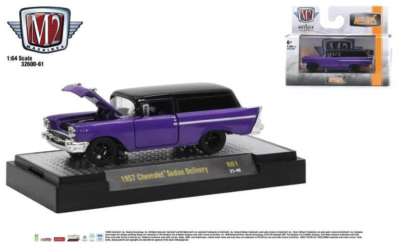 2021 M2 Machines Auto-Mods Limited Edition 1/9,600 1957 Chevrolet Sedan Delivery R61 morado Llantas de Goma