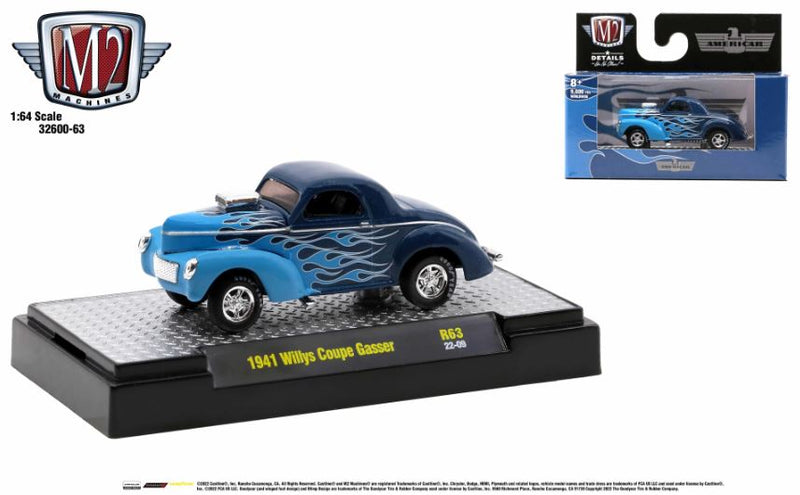 2022 M2 Machines Detroit Muscle Limited Edition 1/9,600 Willys Americar 1941 Willys Coupe Gasser R63 azul Llantas de Goma